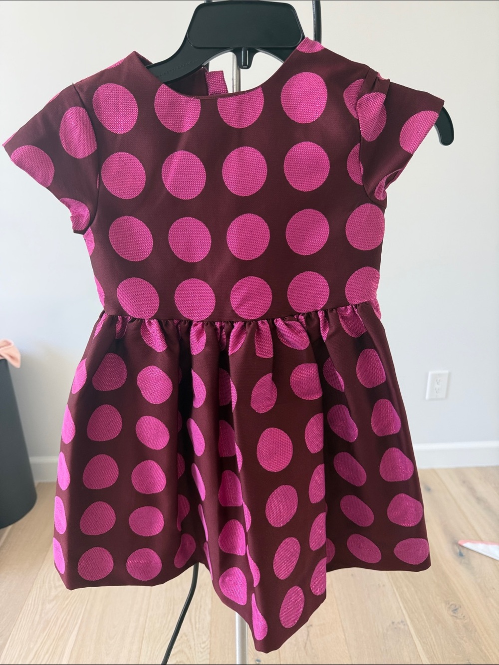 Jacadi Burgundy with Hot Pink Polka Dot Cap-Sleeve Dress